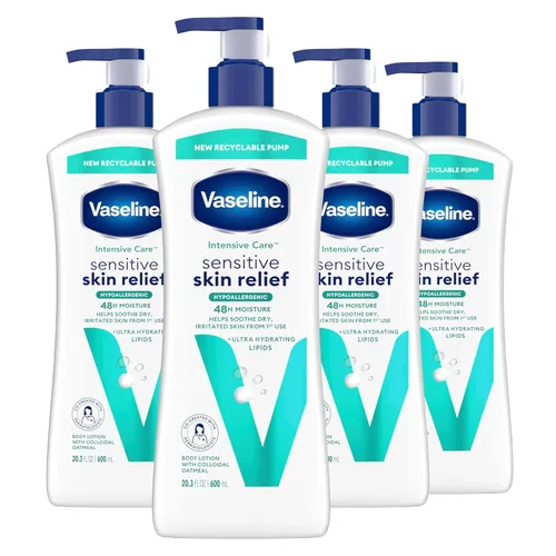 Vaseline Loción corporal de cuidado intensivo, paquete de 4 unidades, alivio de piel sensible para piel seca con avena coloidal y lípidos