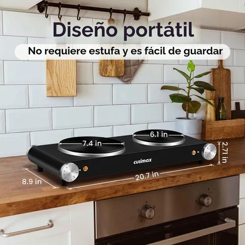 Vista 5 de Cusimax - Placa de cocción eléctrica de 1800 W, estufa eléctrica portátil para cocinar, hornalla doble, con control de temperatura ajustable Negro