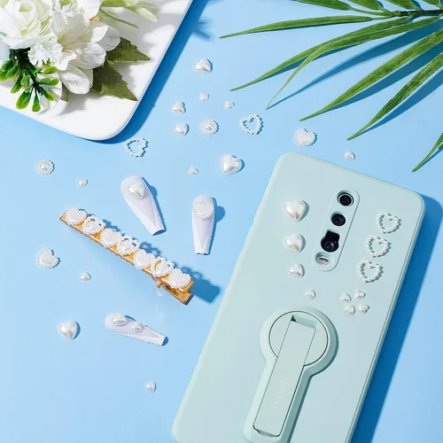 Vista 3 de PH PandaHall Perlas semicirculares, 460 unidades, 7 estilos en forma de corazón, cuentas planas de plástico ABS, diamantes de imitación, cuentas