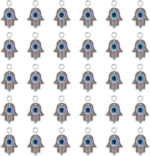 JIALEEY 30 piezas de cuentas de mano de Hamsa en plata antigua con símbolo del ojo de Fátima, cuentas de mano de Hamsa, cuentas de marco de mano de