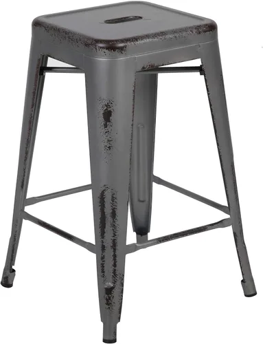 Vista 28 de Taburete de 24 pulgadas de alto para interior y exterior con asiento cuadrado., Metal, Negro