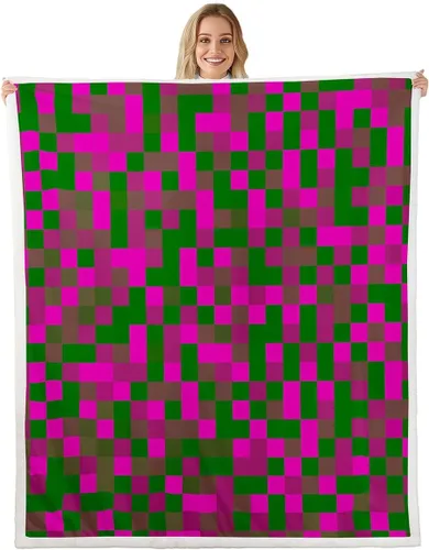 Manfei Pixelated Miners Throw Blanket Rose Green Brown Grid Fleece Blanket Modern Geometric Games Cozy Throws for Bed Couch Sofa,Kids Boys Girls