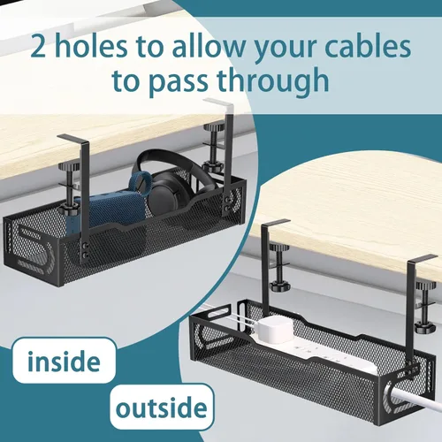 Vista 8 de Bandeja de gestión de cables para debajo del escritorio, bandeja de cables de escritorio de malla sin taladro, bandeja de gestión de cables, estante