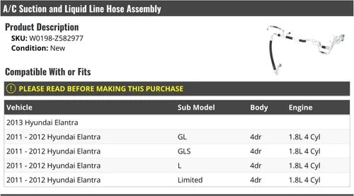 Marketplace Auto Parts Conjunto de manguera de aspiración y línea de líquido de A/C - Compatible con Hyundai Elantra 2011-2013 de 4 puertas 1.8L 4