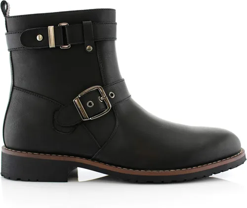 Vista 3 de Polar Fox Botas de ingeniero para hombre Botas de tobillo estilo motocicleta con correas de hebilla y cremallera lateral 1. Negro.
