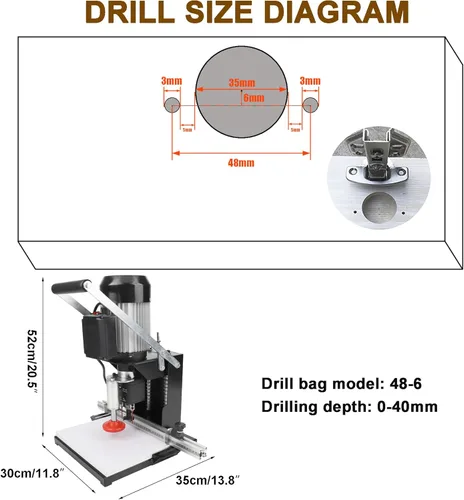 Vista 3 de Taladro de bisagras, perforadora de bisagras portátil y taladradora para carpintería, 1100 W, 2880 RPM, profundidad de 0 a 1.575 in, perfecta
