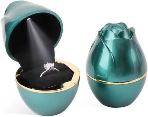 Rolin Roly Caja Verde para Anillo con Luz LED Estuche para Anillos de Joyería Cajas de Regalo para Exhibición de Joyería para el Día de la Madre