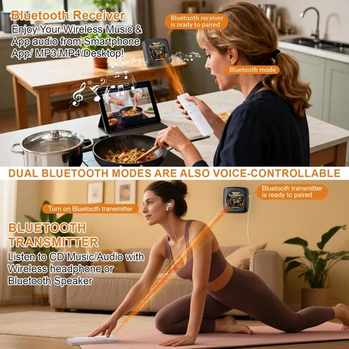 Vista 4 de Gueray Reproductor de CD Bluetooth portátil Reproductores de CD de control de voz sin conexión para el hogar con control remoto de voz reproductor