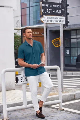 Vista 24 de COOFANDY Camisa casual con botones para hombre, manga corta, sin arrugas, camisa de verano