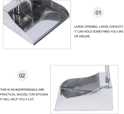 Vista 8 de Recogedor resistente con mango largo de acero inoxidable, recogedor vertical de pie, pala de metal, recogedor para interior y exterior, vestíbulo