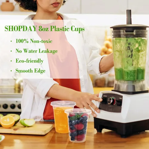 Vista 4 de SHOPDAY Vasos de plástico desechables con tapas, vasos de plástico transparente de 8 onzas, paquete de 50 recipientes para bebidas frías, tazas