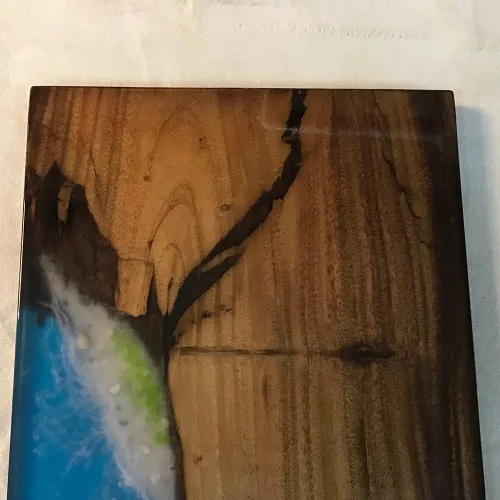 Vista 83 de Mesa de epoxi transparente, mesa de sofá con forma cuadrada, mesa auxiliar de resina de madera, mesa de centro de madera con borde natural para sala