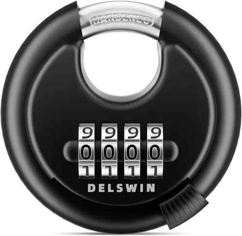 Vista 10 de DELSWIN - Candado de combinación de 4 dígitos con grillete de acero endurecido, candado de combinación para cobertizos, casillero de gimnasio, área