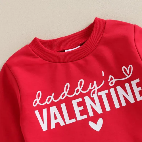 Vista 4 de Conjunto de San Valentín para bebé, niña, sudadera con cuello redondo para papá, pantalones acampanados, ropa de San Valentín