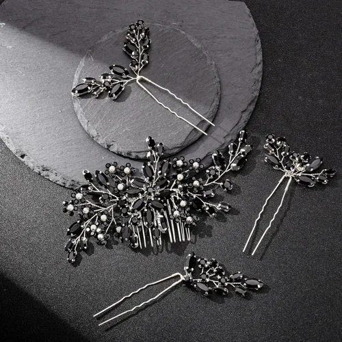 Vista 5 de Accesorios para el cabello de la boda, pieza nupcial, tocado para la novia, peine de novia (Negro)