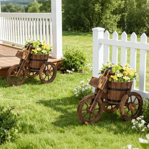 Vista 7 de kinbor Macetas para exteriores - Maceta rústica de barril, macetas de triciclo de madera para plantas al aire libre
