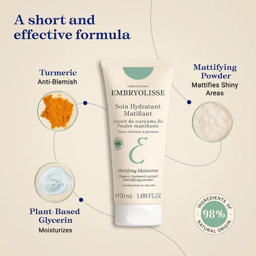 Vista 4 de Embryolisse Mattifying Moisturizer, Oil-Control Face Cream with Organic Turmeric Extract. Lightweight Hydration, Non-Comedogenic for Oily &