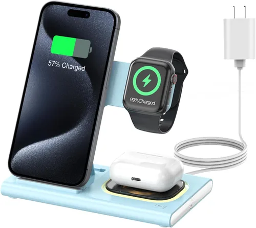 Vista 15 de Estación de carga 3 en 1 para iPhone 17 - Cargador inalámbrico para dispositivos Apple para iPhone 17 16 15 14 13 12 11 Pro Max - Estación de carga