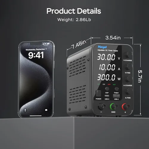 Vista 6 de Fuente de alimentación de CC variable, fuente de alimentación de banco de 30V 10A con perilla de ajustes gruesos y finos con codificador, fuentes