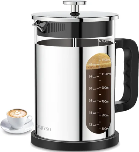Vista 20 de QUQIYSO Cafetera de prensa francesa de acero inoxidable 304 con 4 filtros, resistente al calor, duradera, fácil de limpiar, prensa de café de vidrio