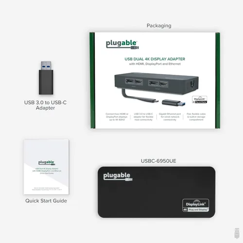 Vista 8 de Plugable Adaptador Dual Monitor 4K DisplayPort y HDMI para USB 3.0 y USB-C, Compatible con Windows y ChromeOS