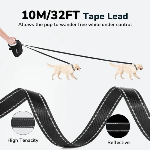 Vista 2 de Pecute Correa retráctil para perro de 32 pies con tiras reflectantes, sin enredos de 360°, control de un botón y material de nailon resistente
