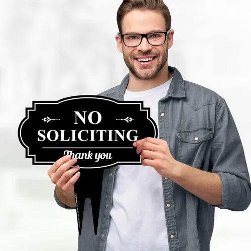 Vista 4 de Señal de No Solicitar para Casa, Señal de No Solicitar para Patio, 13"x13", Estacas Integradas Super Resistentes, Compuesto de Aluminio Libre