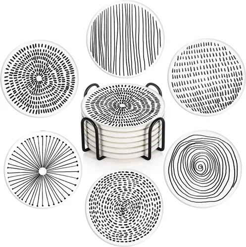 Juego de 6 posavasos para bebidas, negro y blanco, geométrico, absorbente, redondo, de cerámica y piedra, con base de corcho y soporte de metal,