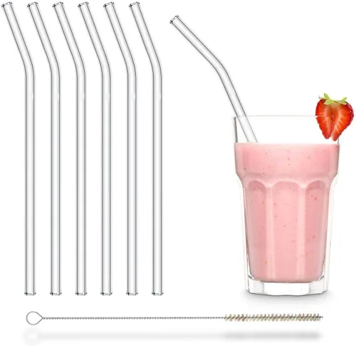 Vista 16 de Halm - Pajitas de vidrio – 6 popotes cortos de 6 pulgadas doblados reutilizables + cepillo de limpieza sin plástico – Apto para lavavajillas