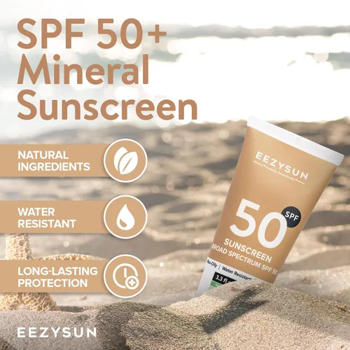 Vista 3 de EEZYSUN Protector solar mineral SPF 50, no graso, ligero, resistente al sudor, vegano y seguro para arrecifes, protector solar a base de minerales