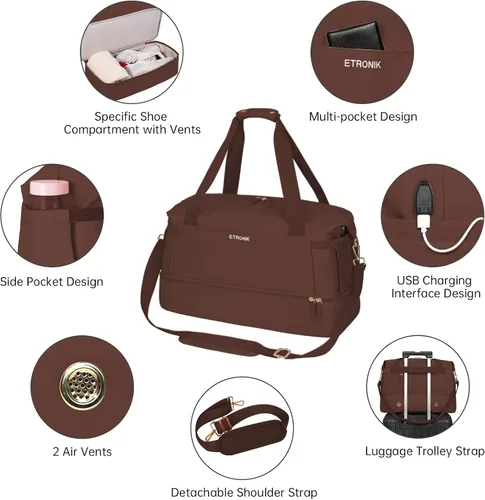 Vista 4 de ETRONIK Bolsa de gimnasio para mujer, bolsa de viaje con puerto de carga USB, K-café, Bolsa de gimnasio con puerto de carga USB