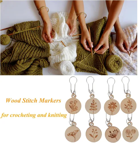 Vista 4 de Marcadores de puntada con caja de almacenamiento de madera para tejer y tejer a ganchillo, patrón de flores, agujas, clips de aguja, herramientas