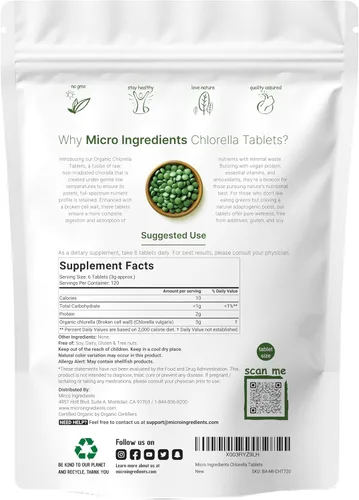 Vista 2 de Tabletas orgánicas de Chlorella, 500 mg por tableta, 720 pestañas (11.64 onzas), suministro de 4 meses, pared celular rota, rica en proteínas