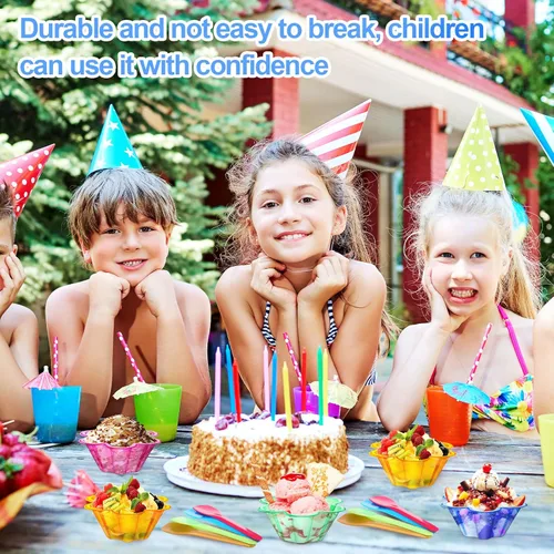 Vista 6 de Zubebe 400 juegos de tazas de plástico para helado de 8.45 onzas con cucharas, cuencos de plástico con forma de flor colorida para postre, tazas