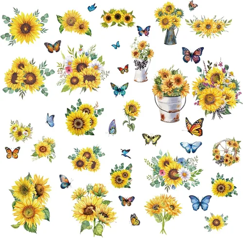 CRASPIRE 8 Hojas 8 Estilos Pegatinas de Ventana de Girasol Tema Primavera Verano Pegatinas de Mariposa Adheribles de Ventana Calcomanías Decorativas