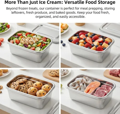 Vista 7 de Hemoton Recipientes de almacenamiento de helado reutilizables con tapas, caja de acero inoxidable para congelador, tina de helado aislada