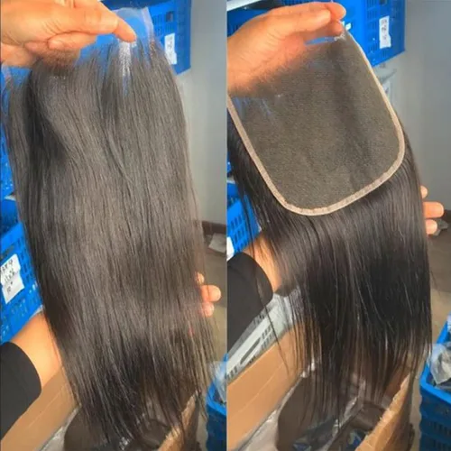 Vista 7 de Lemoda Cierre de encaje transparente HD de 5 x 5, lacio, 12A, cabello humano virgen brasileño, parte frontal libre, prearrancado con abuelitos