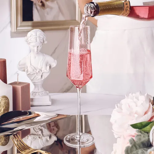 Vista 4 de Copas de champán de cristal de 8 onzas, copas de champán rosadas para boda, elegantes flautas de champán para boda, aniversario, Navidad (rosa)