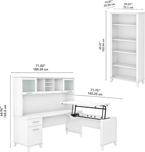 Vista 3 de Bush SET017WH Escritorio en forma de L de 72 pulgadas de ancho, 3 posiciones, con gabinete y estantería, color blanco
