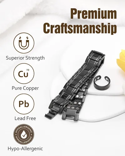 Vista 4 de Jecanori Pure Copper Bracelet & Ring for Men, 3X Strength Magnetic Bracelet with 3800 Gauss Magnets