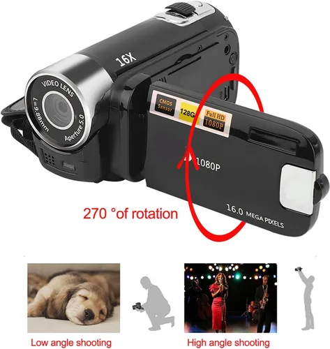 Vista 3 de Videocámara, cámara de video Full HD 1080P con cámara digital de 16 MP, pantalla LCD giratoria de 2.7 pulgadas, zoom digital 16X, videocámara