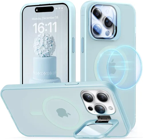 Vista 15 de Funda para iPhone 14 Pro, protección contra caídas de grado militar, compatible con MagSafe, soporte integrado y protector de lente de cámara, funda