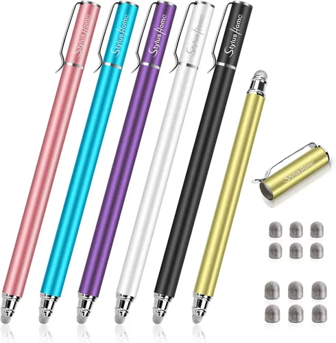StylusHome Bolígrafos capacitivos para pantallas táctiles (6 unidades), puntas de fibra 2 en 1 con sensibilidad capacitiva con 12 puntas extra
