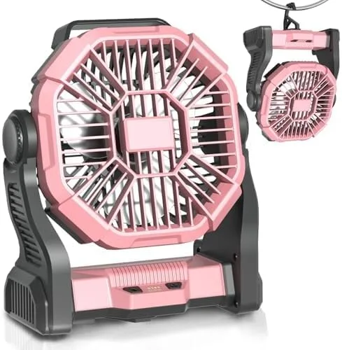 Ventilador de camping recargable, ventilador de campamento inalámbrico con linterna LED, gancho para colgar, rotación de 270, 20000 mAh funciona con