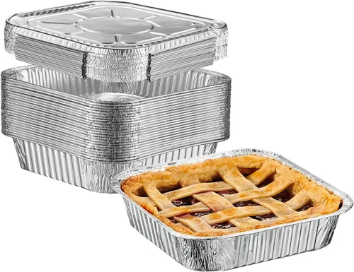 GUSTO [25 juegos de sartenes cuadradas de 8 pulgadas con tapas, recipientes desechables para alimentos, sartenes de papel de aluminio para hornear,