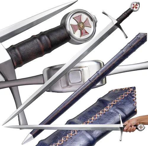 Espada larga medieval de 45 pulgadas, caballero templario, armado, para adultos, espadas bastardas de acero metálico con funda