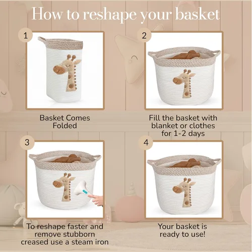 Vista 7 de Cesta de Almacenamiento de Jirafa para Guardería – Contenedor Grande de Cuerda de Algodón de 15"x11" con Parche de Animal de Fieltro Suave