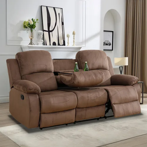 Vista 21 de Juego de Muebles para Sala de Estar, Juego de Sofá Reclinable Manual, Juegos de Sofás Reclinables de Cuero Beige con Mesa Desplegable, Sofá