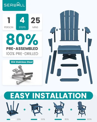Vista 7 de SERWALL - Silla giratoria Adirondack para bar, silla de balcón giratoria de HDPE Adirondack, silla de altura de bar para exterior para bistró, junto