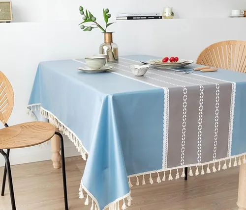 Vista 3 de Cloth Tablecloth, 55 x 39 inch, Rectangular, Dark Blue, Polyester Patchwork and Stripes with Tassels Party Table Decorations